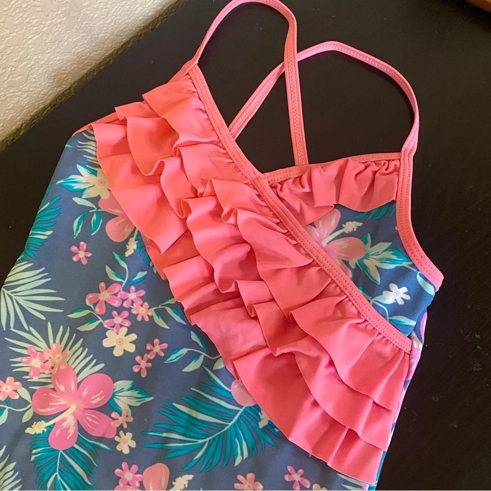 Howjojo girls swimsuit Hawaiian‎ pink teal ruffle top one piece 5/6 hibiscus